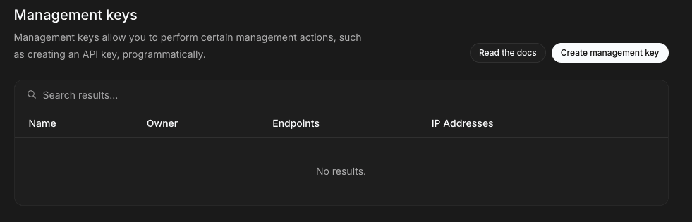 xAI Console settings 中的 Management API keys 表格